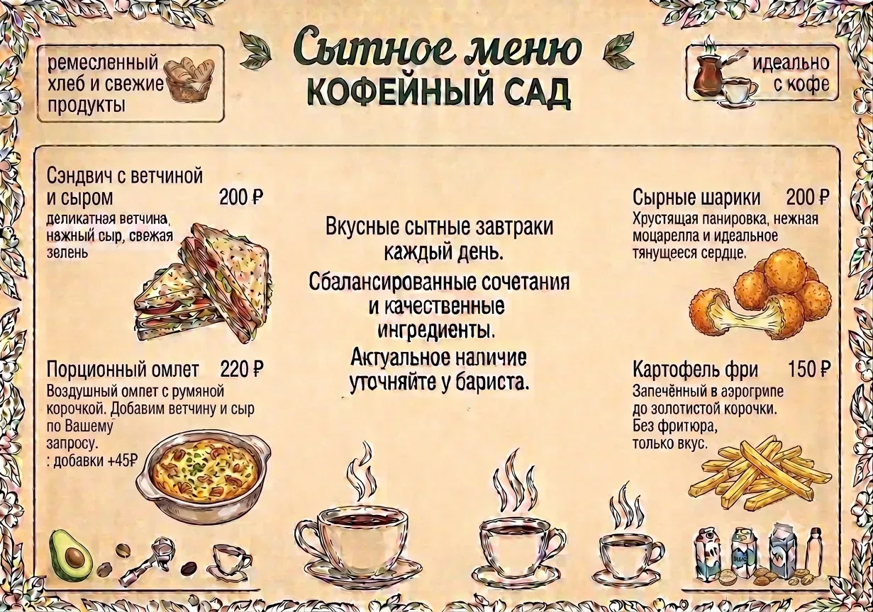 Завтраки кофейни «Кофейный сад»: сэндвичи на ремесленном хлебе и хот-доги