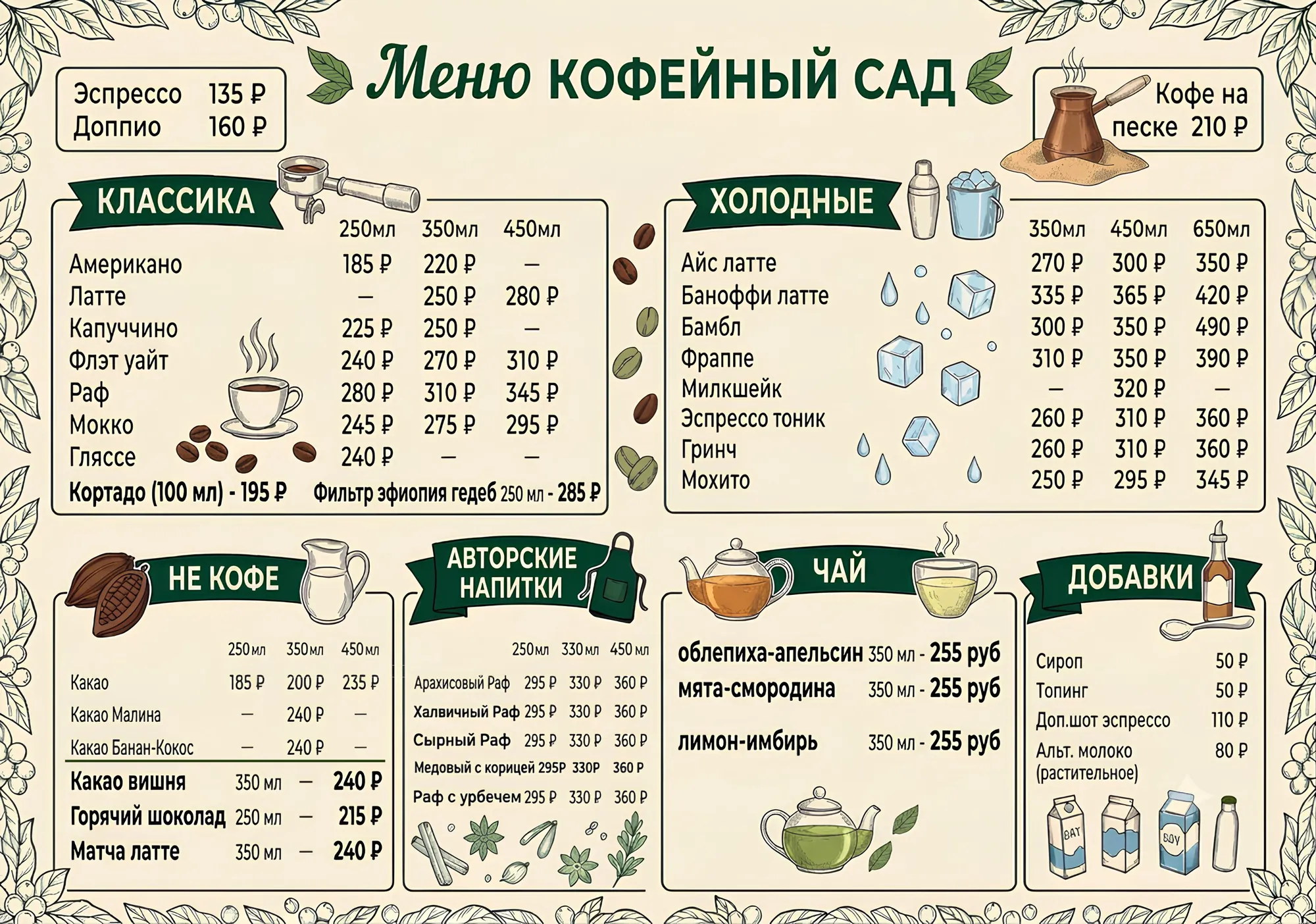 Основное меню кофейни «Кофейный сад»: кофе, авторские напитки и чай
